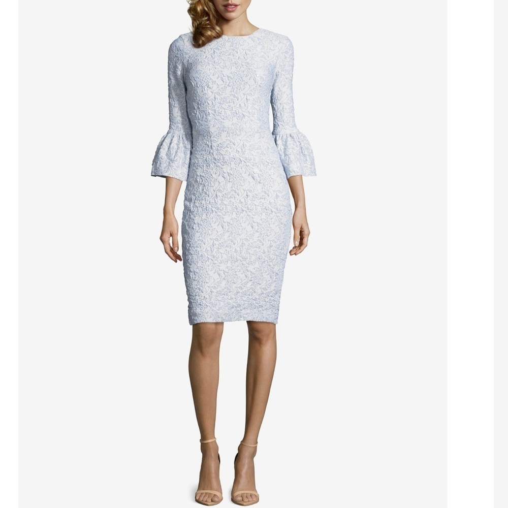 Betsy & Adam Jacquard Bell-Sleeve Dress Blue Silver Size 2